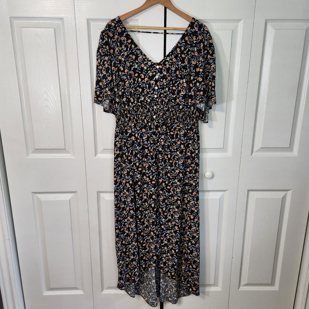 Lola & Grace Floral Maxi Dress Black Peach V-Neck Smocked Waist Plus 3X High-Low